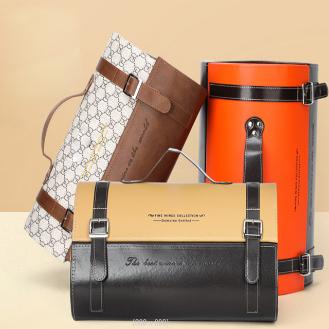 Vinboks i skinn med h&aring;ndtak